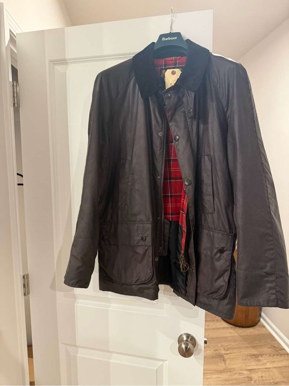Barbour Ashby Grey Waxed Cotton Field Jacket with Red Tartan Lining